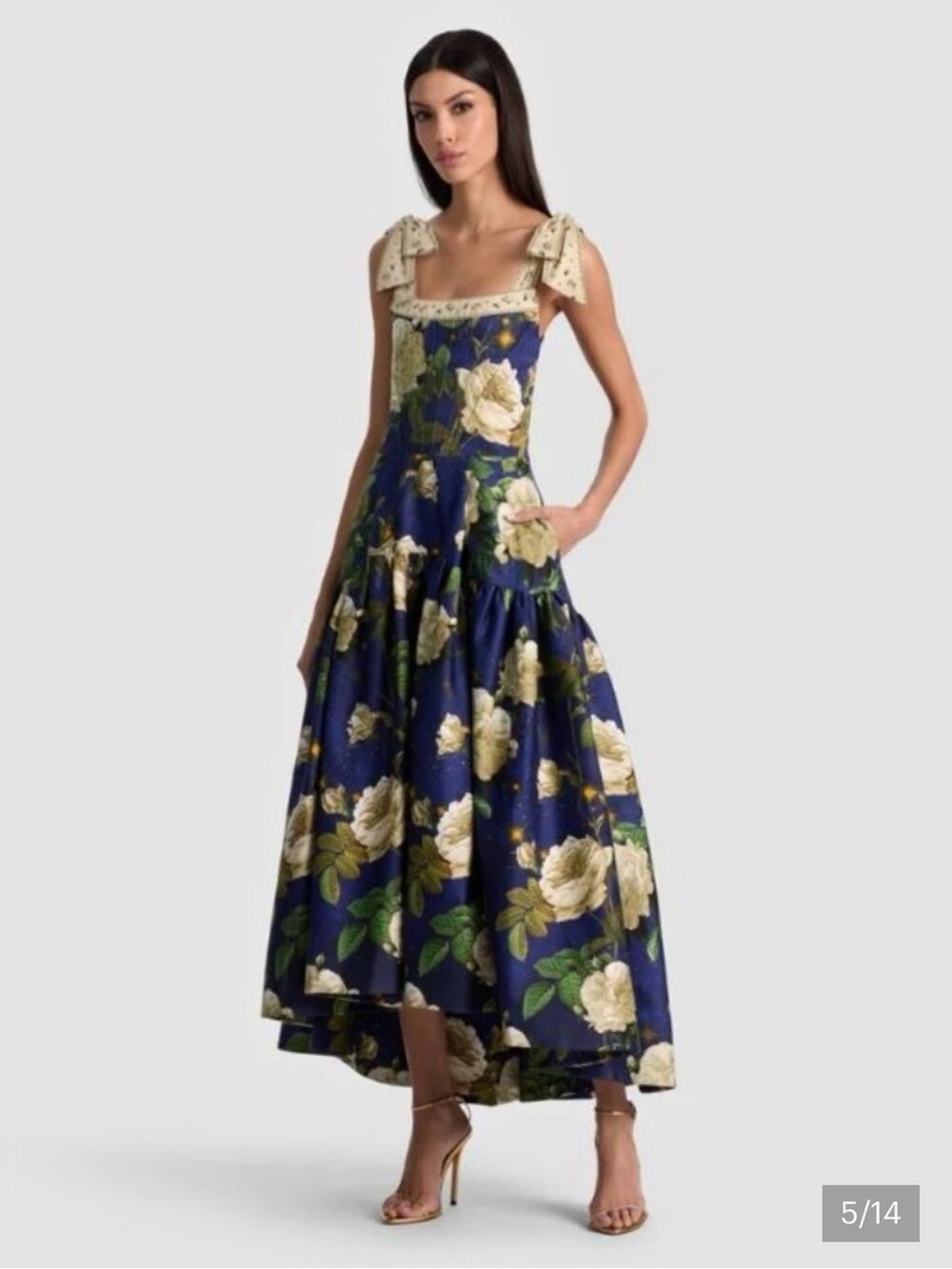 Alice + Olivia Navy Floral High-Low Midi Dress with Cream Accents NWT - Picture 2 of 9